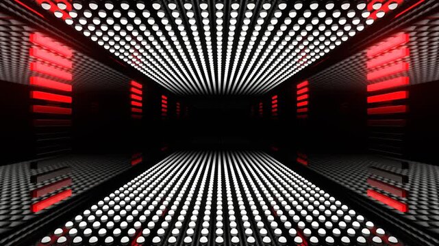 Red and White Futuristic Tunnel with Glowing Dot Grid and Light Panels Background VJ Loop in 4K