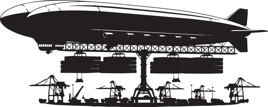 Vintage Blimp Airship, Industrial Construction Site, Black Silhouette Illustration, Vector Graphic