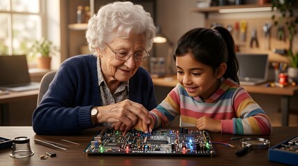 Fototapeta premium Senior woman teaching child electronics, STEM education, future technology learning
