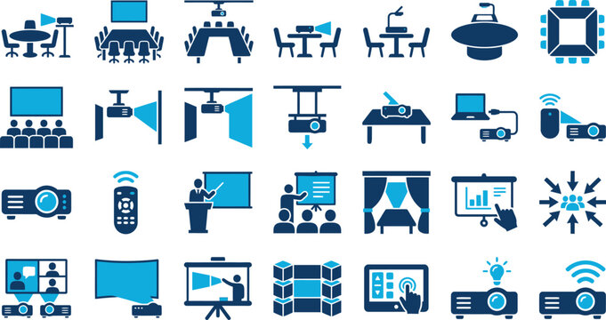 Professional Conference Room and Presentation Equipment Vector Icon Set for Business Meetings, Corporate Training & Educational Seminars (EPS)