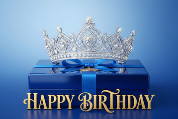 Happy birthday golden text, crown, blue gift box, ribbon, celebration, royal, luxurious, festive, opulent