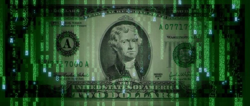 Electronic Cash Concept with Two Dollar Bill made up of Animated Code. Futuristic Finance Wallpaper.