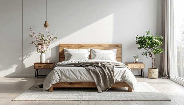 A serene modern bedroom interior with a natural wooden bed frame and minimalist decor featuring soft morning sunlight and house plants indoors.