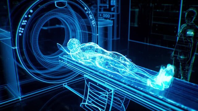 Future AI medicine: doctors discuss patient conditions using 3D body models, microscope test results, and holographic images. 3D animation visualizes diagnosis and treatment.