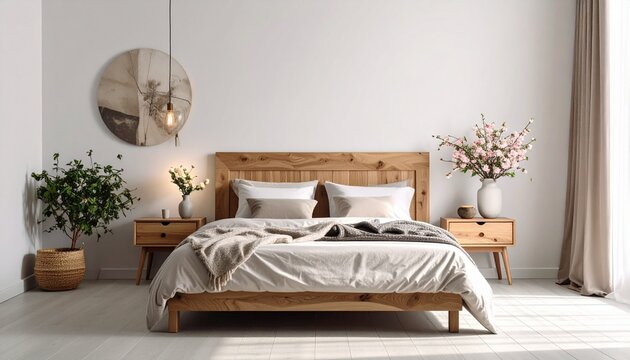 A cozy and minimalist modern bedroom interior featuring a natural wooden bed frame with soft linens and decorative indoor house plants.