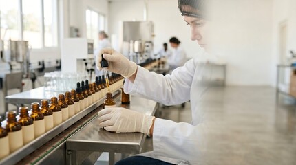 Naklejka premium Scientist in a lab coat works on a production line filling amber bottles with liquid using a dropper