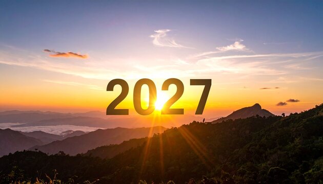 A beautiful scenic landscape view of a golden sunrise over mountain peaks with the year twenty twenty seven text overlay for new beginning.
