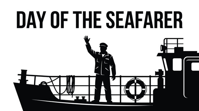 Professional captain waving hand while standing on a cargo ship deck for day of seafarer