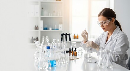 Fototapeta premium Female scientist in lab coat and goggles meticulously conducts experiment with laboratory equipment