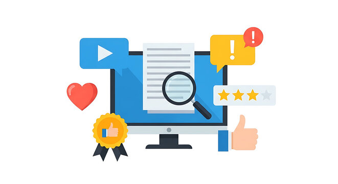 A graphic illustration shows a computer screen with a magnifying glass on a document surrounded by likes, ratings, and media icons.