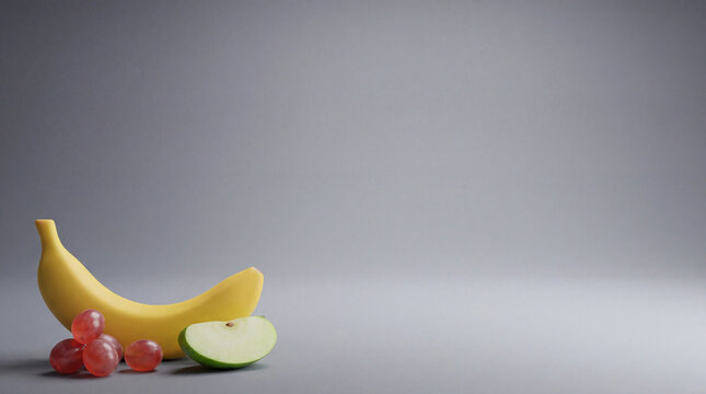 Realistic 3D render of a vibrant banana, red grapes, and a crisp green apple slice on a neutral background.