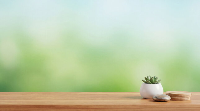 Minimalist wooden table with a succulent plant and natural decor against a soft, blurred green background.
