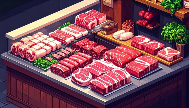 A wide variety of raw fresh beef cuts and different meats displayed neatly on the counter of a professional butcher shop market stall.