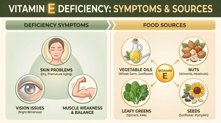 Obraz premium Infographic Chart of Vitamin E Deficiency and Diet Sources