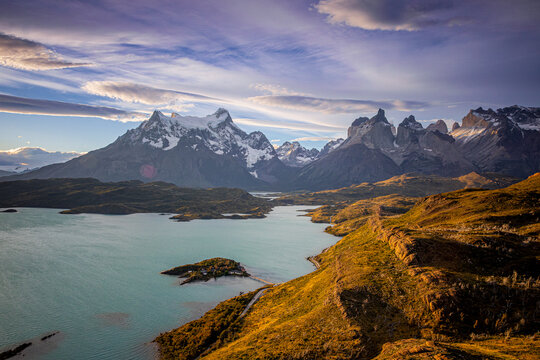 Lake Pehoe with mountains at sunset, Torres del Paine Chile