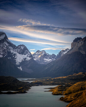 Lake Pehoe winding shoreline and mountains, Torres del Paine Chile