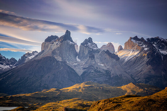 Cuernos del Paine peaks under sunset, Torres del Paine Chile