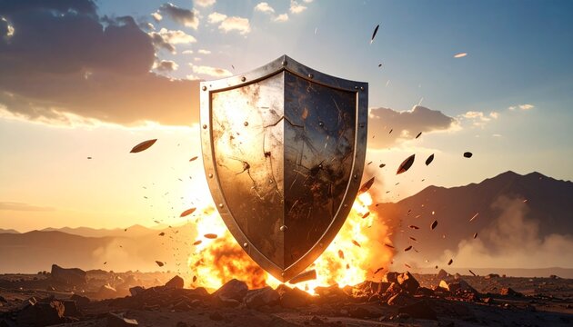 A majestic metal shield standing firm against a massive fiery explosion in a desert landscape representing resilience security and protection.