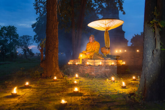 Asian monk meditating under a tree
