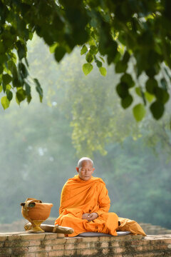 Asian monk meditating under a tree