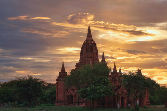 Bagan, ancient temples in mist at sunrise