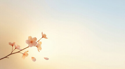 Delicate cherry blossom branch with falling petals against a soft gradient sky background with ample copy space. © Michelle