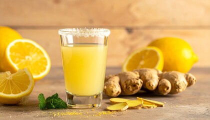 Fototapeta premium A cold glass of fresh lemonade with lemon and green mint makes a healthy, citrus beverage that is juicy and sweet for a refreshing breakfast drink