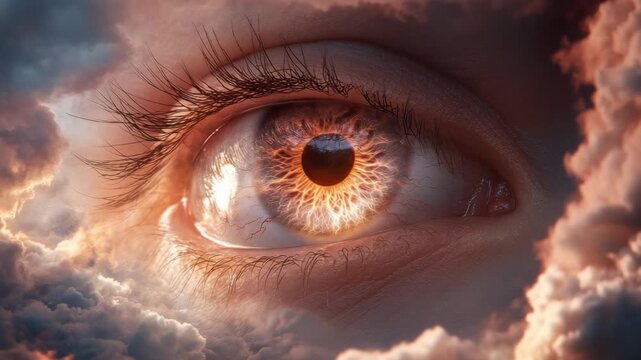 Close-up of an eye shows reflections of clouds and a sunset. The eye reveals vivid colors and details at twilight. This moment captures a unique merging of nature and human features