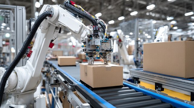 Automated Robotic Arm Packaging Boxes in Warehouse