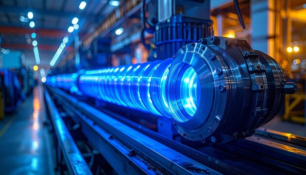 An automatic production line features advanced industrial machinery and metal engineering parts powered by electronic computer technology within a modern steel factory