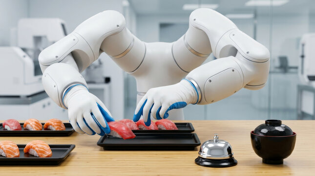 Robot cooking sushi robot arm kitchen automation seafood modern technology food preparation. Robot cooking assistance assistant to help automation, robotic smart chef kitchen