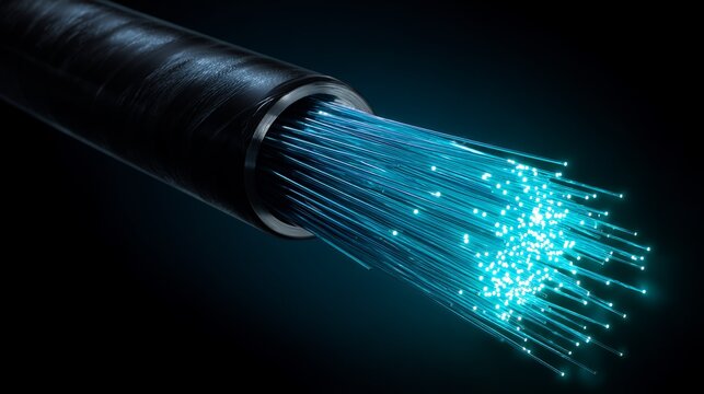 Close-up of Fiber Optic Cable with Glowing Lights