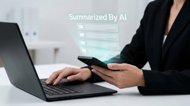 Businesswoman office laptop smartphone email summary ai interface glow. Summary AI, intelligence report management, document information innovation system analysis, automation, data, summarize
