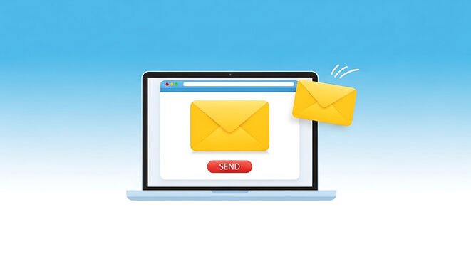 A laptop displays an email notification with a yellow envelope on the screen.