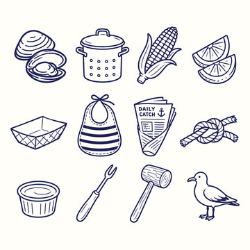 Seafood boil hand-drawn icons for nautical menus and summer picnic branding