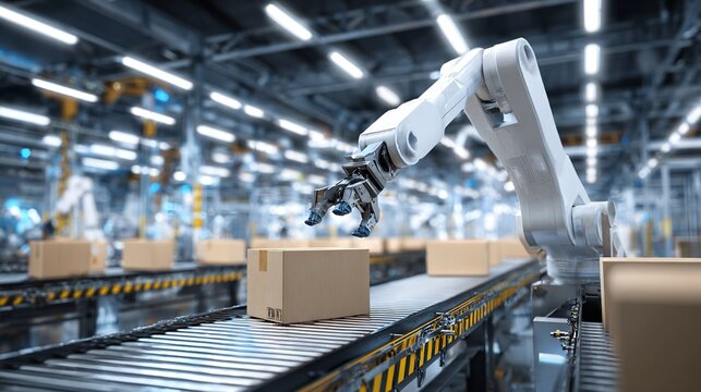 Robotic Arm Handling Packages in Modern Warehouse