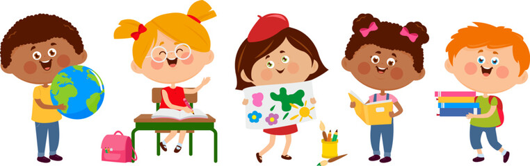 Education activities for happy children students. School kids in classroom sitting in desk study with books, reading, geography lesson with Earth globe. Art class for artist kid with drawing. © stockakia