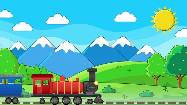 Red steam locomotive pulling blue passenger carriage travels on railway tracks through green landscape with trees and snow-capped mountains under sunny blue sky with clouds.
