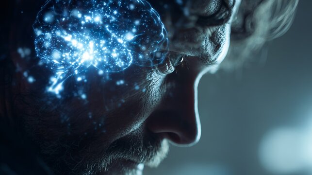 Profile of man with glowing brain concept
