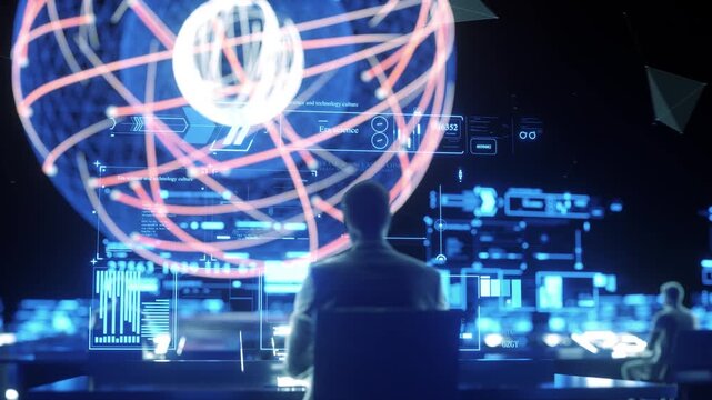 AI artificial intelligence computing, data mining, and future network automation visualized in 3D. Neural networks and digital big data drive computer-machine simulation.