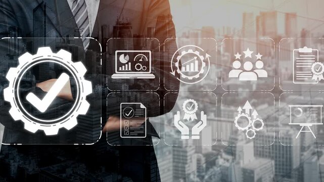 Businessman Overlapping with Digital Icons Representing Quality Assurance and Success in Modern Corporate Environment with City Skyline in Background Sigmoid