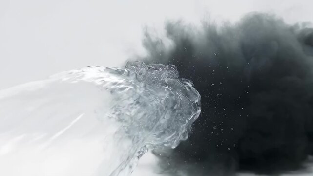 Dark smoke dissipating as a powerful stream of clear water purifies the air. The concept of respiratory cleansing.