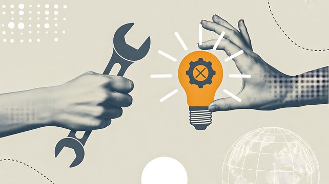 Creative teamwork concept with hands holding wrench and glowing idea lightbulb illustration 