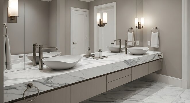 A modern bathroom interior featuring a dual vanity with large mirrors and elegant lighting fixtures