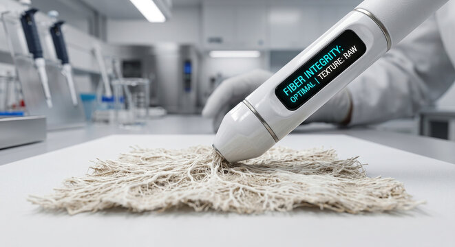 Advanced digital fiber integrity scanner analyzing raw mycelium texture on white laboratory surface for research.