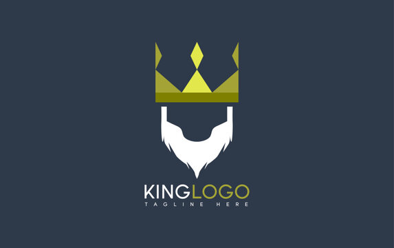 Bold crown sits atop a stylized white beard. Dark background contrasts sharp, clean design elements. Symbolizes authority, leadership, or regal presence. Perfect for branding, media