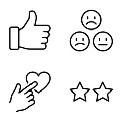 Feedback icons: thumb up sad faces hand liking heart and two stars rating thumb up sad face line art white © Stromlab-2