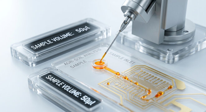 Automated agricultural soil analysis system using microfluidic chip for precise liquid sample testing in labs.