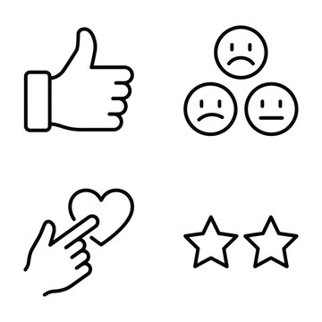 Feedback icons: thumb up sad faces hand liking heart and two stars rating thumb up sad face line art white