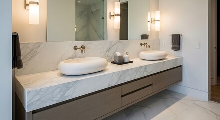 Fototapeta premium A modern minimalist bathroom featuring a sleek double vanity with stone countertops and mirrors